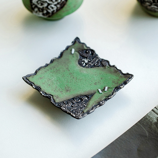 拓土四边杯垫茶杯托防烫茶托隔热茶垫碟杯托老岩泥浅绿饕餮纹锔钉