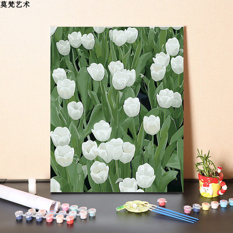 数字油画diy填充手工浪漫白色郁金香花填色手绘涂色丙烯油彩画画
