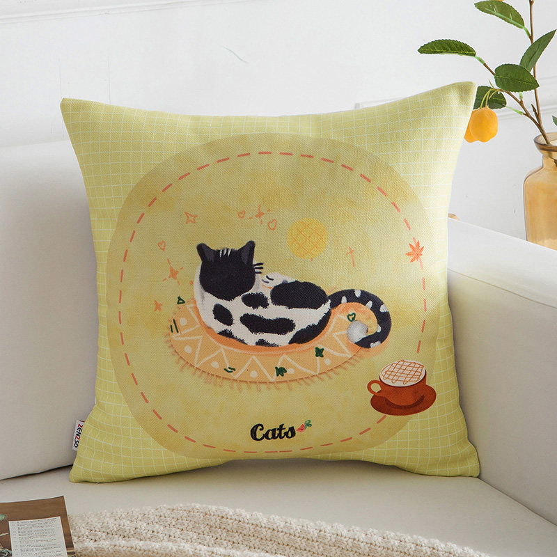 卡通棉麻靠垫布艺床头沙发靠背办公室方客厅欧式沙发抱枕猫