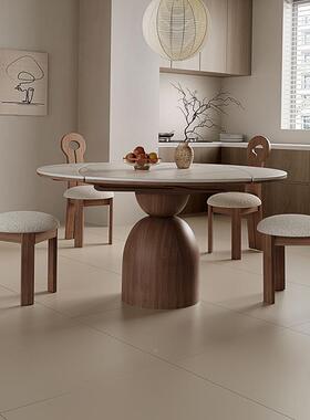 法式复SS927HL实木缩岩板餐古型桌家用小户方变圆折叠中古伸风饭