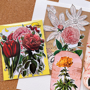 复古玫瑰花朵郁金香绣球贴纸手账装 饰独立粘贴 饰贴纸花卉植物DIY手帐手工贴纸儿童成长记录相册日本手机壳装