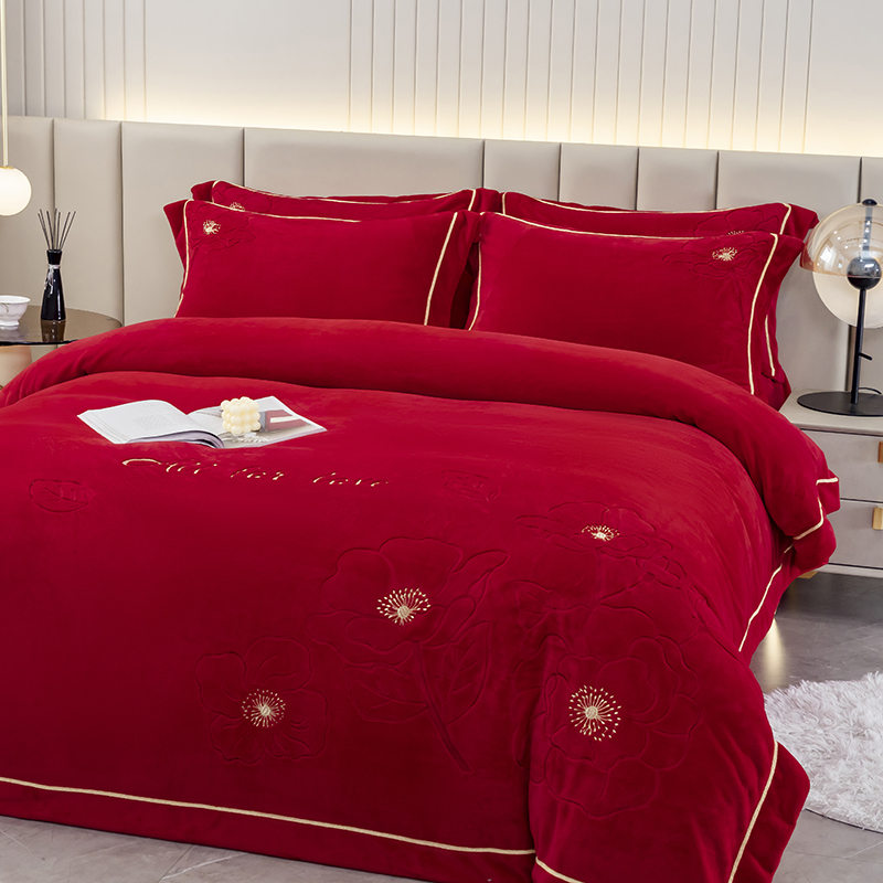 婚庆四件大红色加厚珊瑚绒法兰绒床单冬天面加绒毛绒被