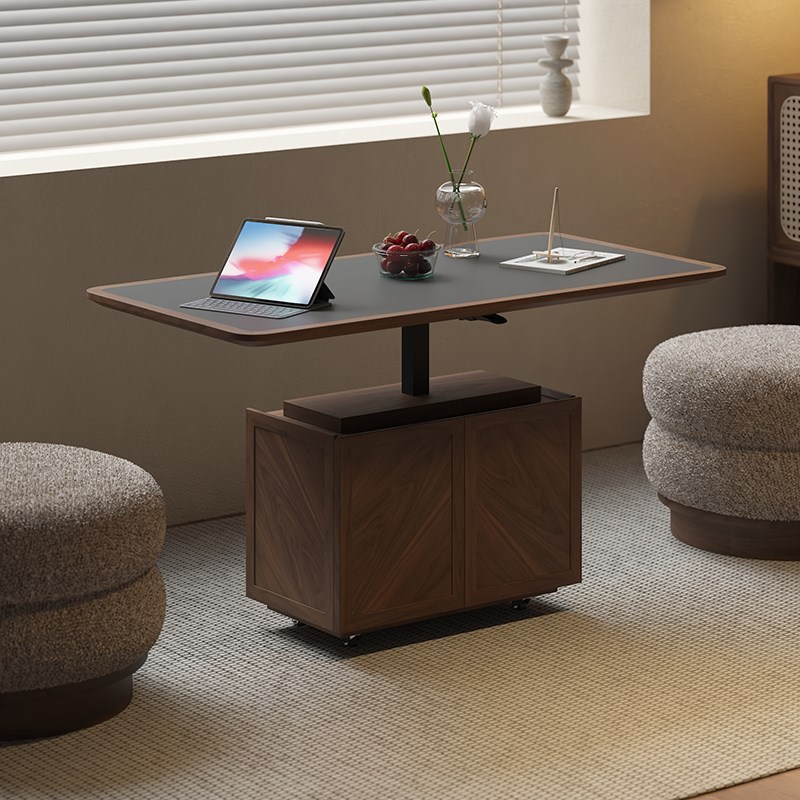 实木可升降茶几客厅小户型移动阳台茶桌家用黑胡桃木岩板餐桌书桌