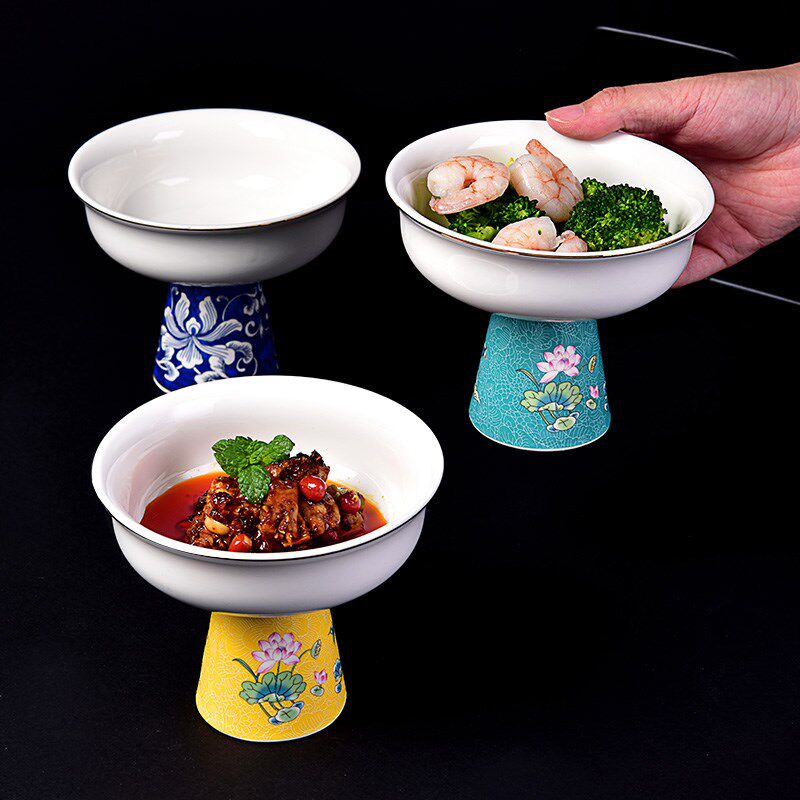 中式珐琅彩陶瓷高脚碗餐厅凉菜冷菜碟子茶点盘贡品水果碗冰激淋碗