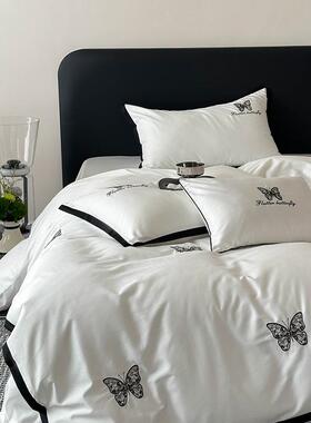 A类高档10282S0贡缎全棉四件套丝长绒棉棉蝴滑蝶刺绣纯被套床单床