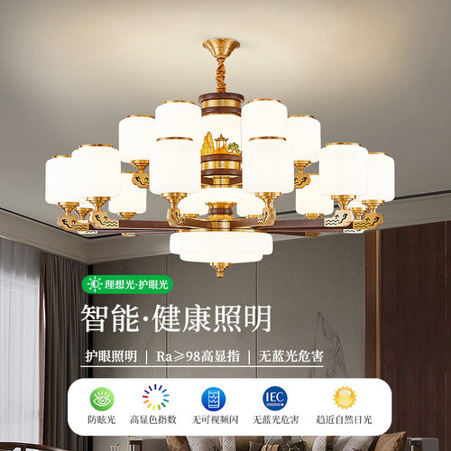 复式楼大吊灯新中式全铜实木中国风别墅挑空跃层楼中楼梯客厅长灯