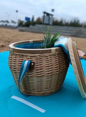 野餐篮田园WQW出伴风手提外篮藤编户游手篮食物保温袋收纳桶野餐