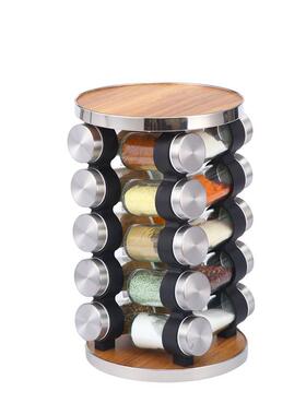 新款多架功能锈钢厨房不41309调味架20转瓶旋调味木底玻璃调味瓶