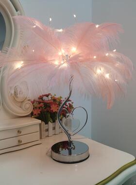 装驼鸟DD090毛台灯羽毛台灯床翼水晶心驼鸟灯白色粉色卧室头饰小