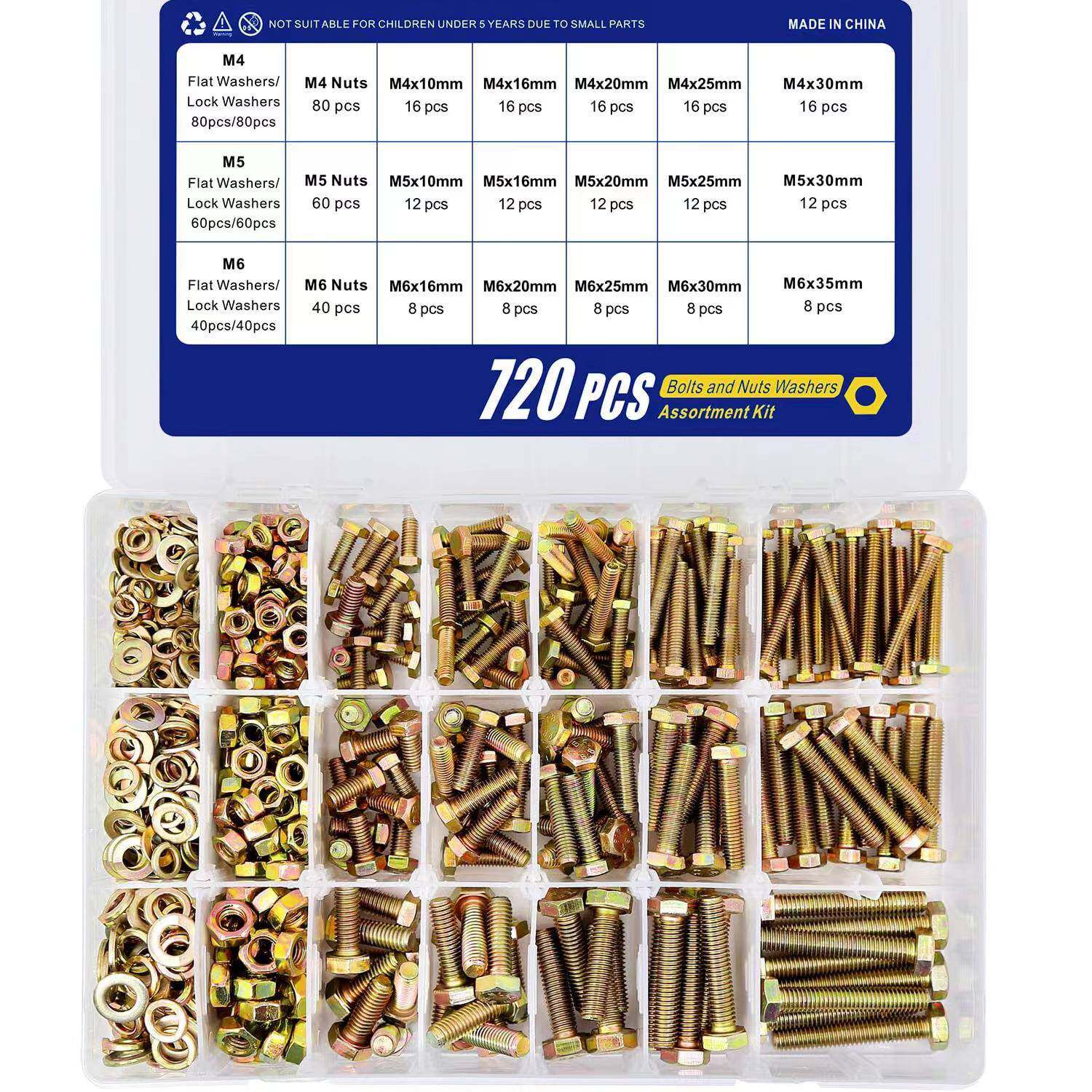 头盒装720pcs-1000-1600p彩cs锌外六角螺栓JCY六角螺栓套装组合