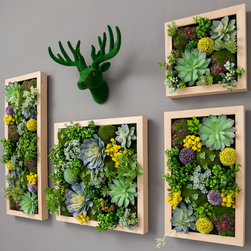 仿真绿植墙面装饰壁挂客厅植物挂件鹿头挂饰花艺多肉框组合壁饰