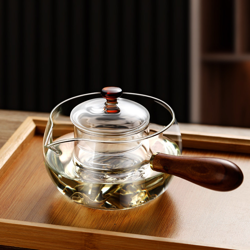 侧把煮茶壶玻璃加厚耐高温木把过滤煮茶器单壶电陶炉烧水茶具套装
