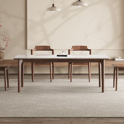 德利丰实木岩板餐桌白蜡木黑胡桃色全托家用小户型风长方形饭桌子