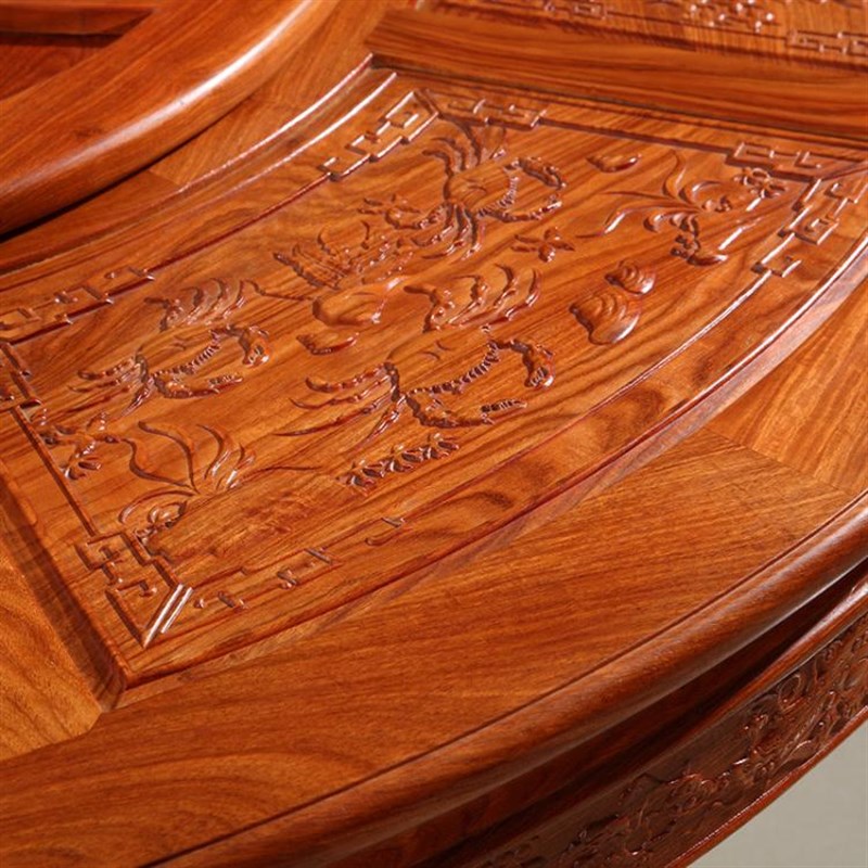 红木刺猬紫檀圆形家用餐桌带转盘 黄花梨桌椅8人10人中式吃饭桌