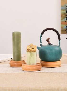 小叶黄杨木雕刻圆形底座实木紫砂茶壶盆景古董木雕花道摆件木托架