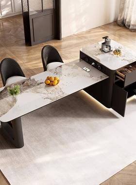 岛板美方式轻OKQ奢岩台餐桌一体法式小户型家用中岛台长形可伸缩