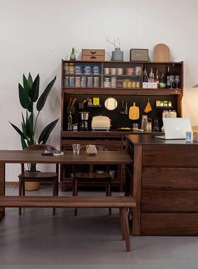 实木岛台厅桌一体可伸缩北美黑胡桃岩板台68124餐小户型餐储吧物