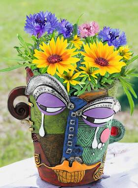 新品流泪人脸抽象7789彩花盆创意术桌家艺居面庭院花园布多景摆件