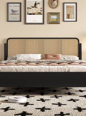 编床黑色实木床北欧复单古1.m双人DLS床小户型藤卧室民宿1.58米大