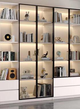 轻奢简约书柜家用厅储物展门示BDD柜整墙顶带玻客璃收纳组合书到