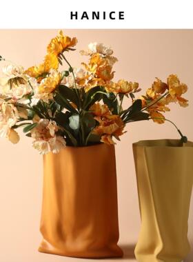 HANC插E北欧ins饰莫兰迪花瓶简约陶瓷褶皱花花器玄关餐DTW桌装摆I