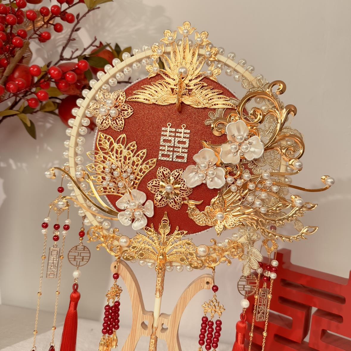 XDB团扇娘结diy材级料秀禾婚礼高扇新子红婚色成品手工喜扇阁婚扇