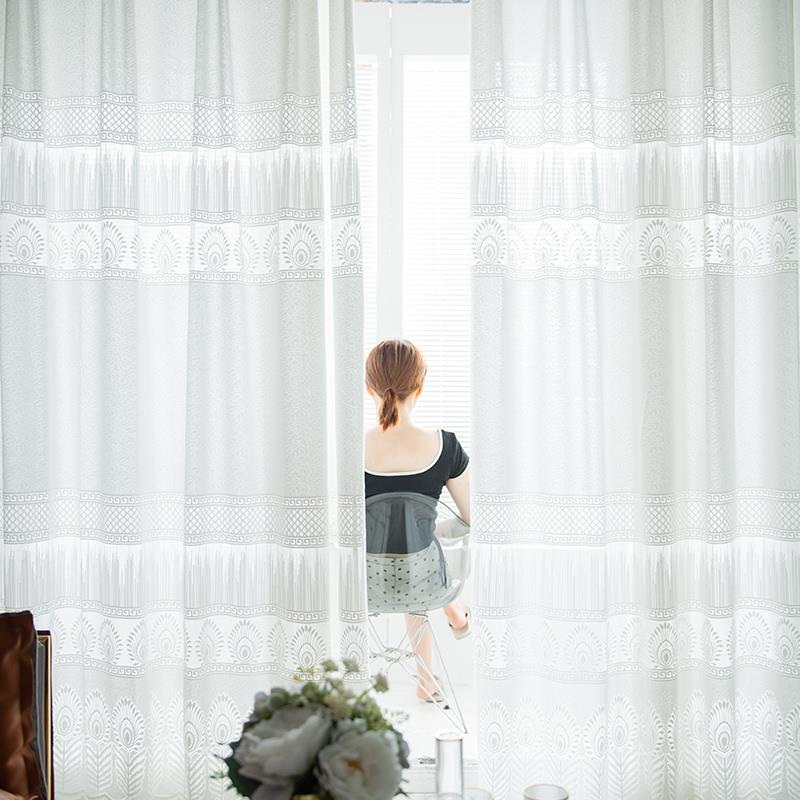 白纱镂空提花窗窗帘北欧透纯色刺绣纱帘半遮光客厅XMW阳奶台透光