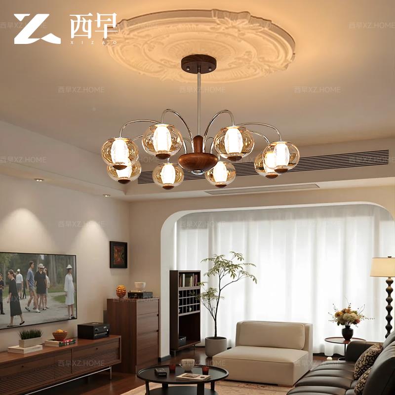 琥珀新款中古风客厅吊胡桃RL1332色白蜡高级木感轻奢法式古灯卧复