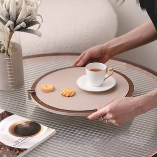 现代简约胡桃木皮革方形圆形托盘置物创意摆件桌面装饰品样板间