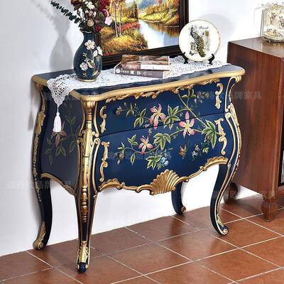 美式村乡玄关柜实木隔断入户厅装古饰蓝色沙发边柜复客彩94051绘