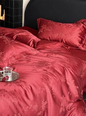 高密THH套锦缎大提花棉长绒床棉四件纯复古红色全棉被套婚庆品