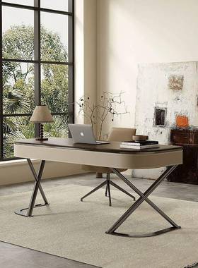 高档实木书桌现鞍代极简电CEA家用面客厅书房办公桌胡桃木饰马皮