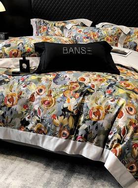 新款100ACL支匹马棉四件套纯棉数码印花轻奢油画风全棉床花卉上用