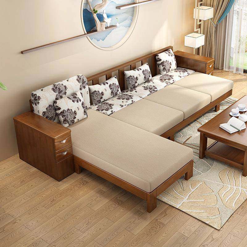 全实木胶七20228客厅沙发组合字形转角中式木布沙发茶几电视柜橡