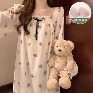 日本带胸垫睡裙纯棉纱防凸点家居服女春夏秋季长袖可外穿睡衣
