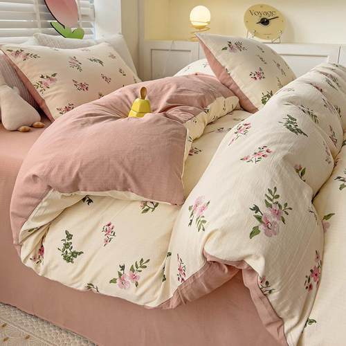 A类婴级四小竺棉件套小清新水洗棉床单被套床母学生宿YAW舍三笠件