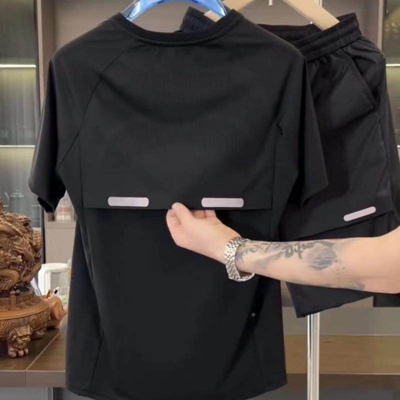 夏打T透气拼接冰丝短裤季FTX两件套男士高弹宽松速干运动恤休闲套