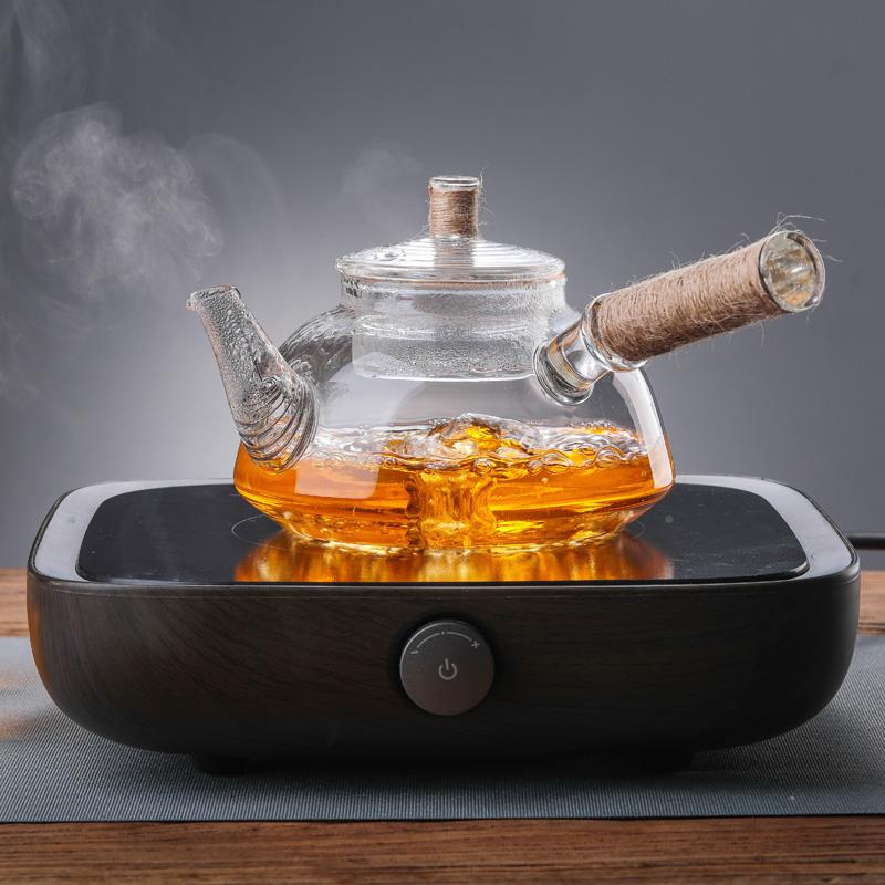 中式陶仿古玻壶璃壶麻绳侧把烧水壶煮茶壶侧把玻璃家用炭炉电酒精