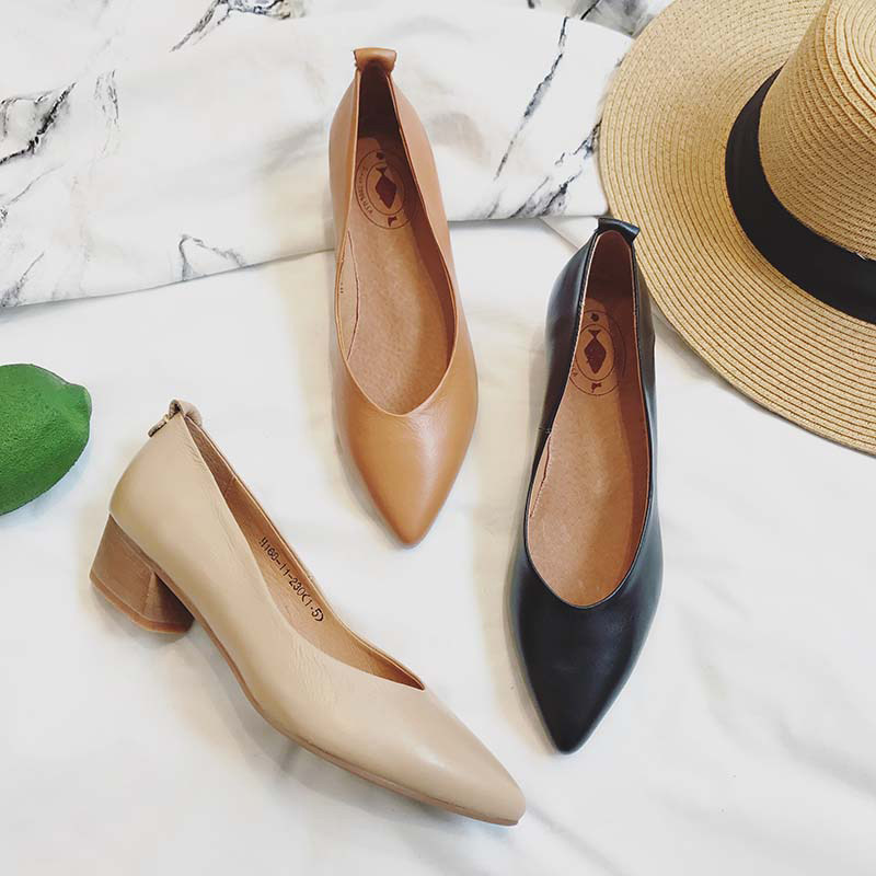 真皮女单鞋粗跟中跟尖头浅口套脚百搭软皮秋季黑色职业鞋工作鞋,女鞋,浅口单鞋,淘宝优惠券,粉丝福利购,淘宝优惠卷