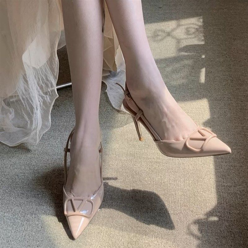 2024夏季新款漆皮裸色高跟鞋法式尖头细跟一字扣带外穿包头凉鞋女,女鞋,一字带凉鞋,淘宝优惠券,粉丝福利购,淘宝优惠卷