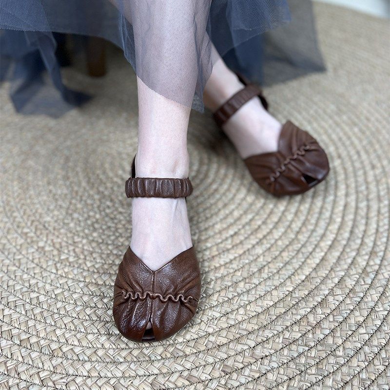 艺鞜2025年夏季新款包跟女头层牛皮软底低跟一字带低跟包头凉鞋女,女鞋,时装凉鞋,淘宝优惠券,粉丝福利购,淘宝优惠卷