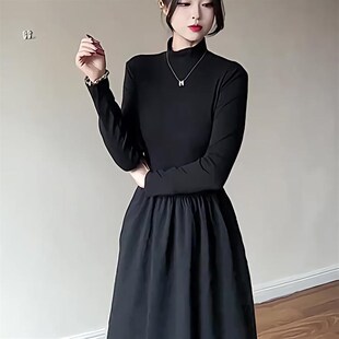 秋装女款2024年新款长袖气质黑色显瘦收腰针织连衣裙内搭打底长裙