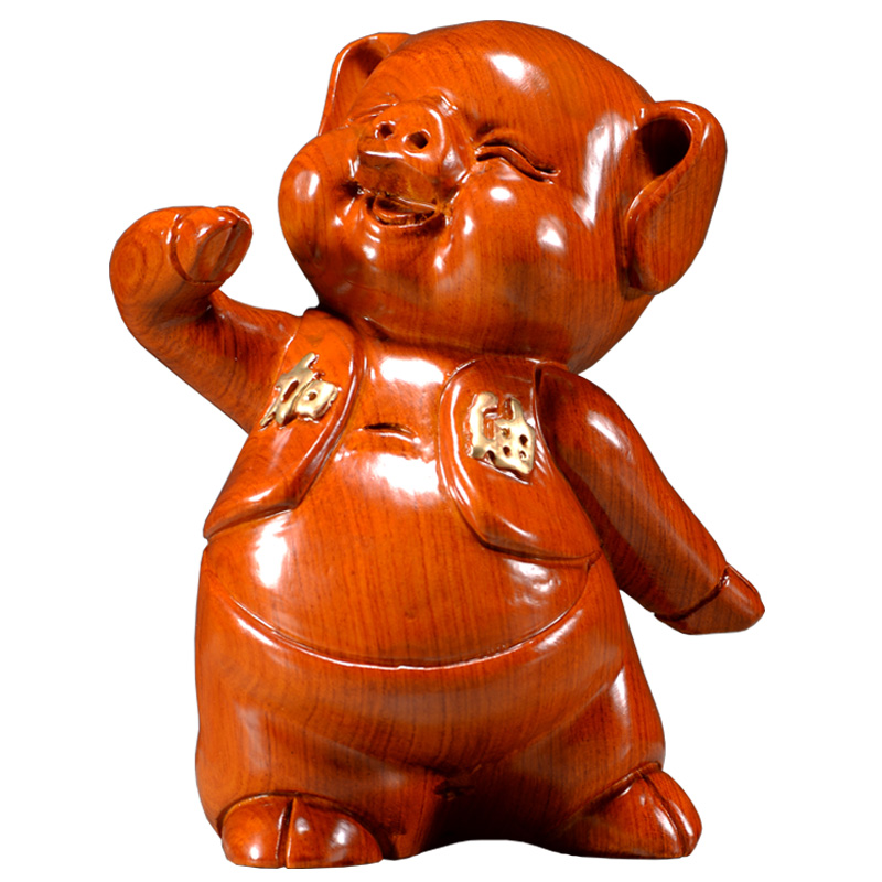 花梨木雕猪摆件努力加油猪可爱生肖动物实木质家居客厅装饰工艺品