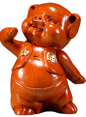 花梨木雕猪摆件努力加油猪可爱生肖动物实木质家居客厅装饰工艺品