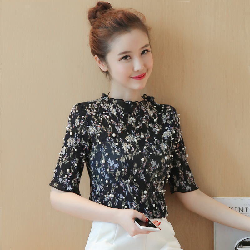 短袖雪纺衬衫女装夏装2021年新款遮肚子钉珠碎花上衣服洋气小衫潮