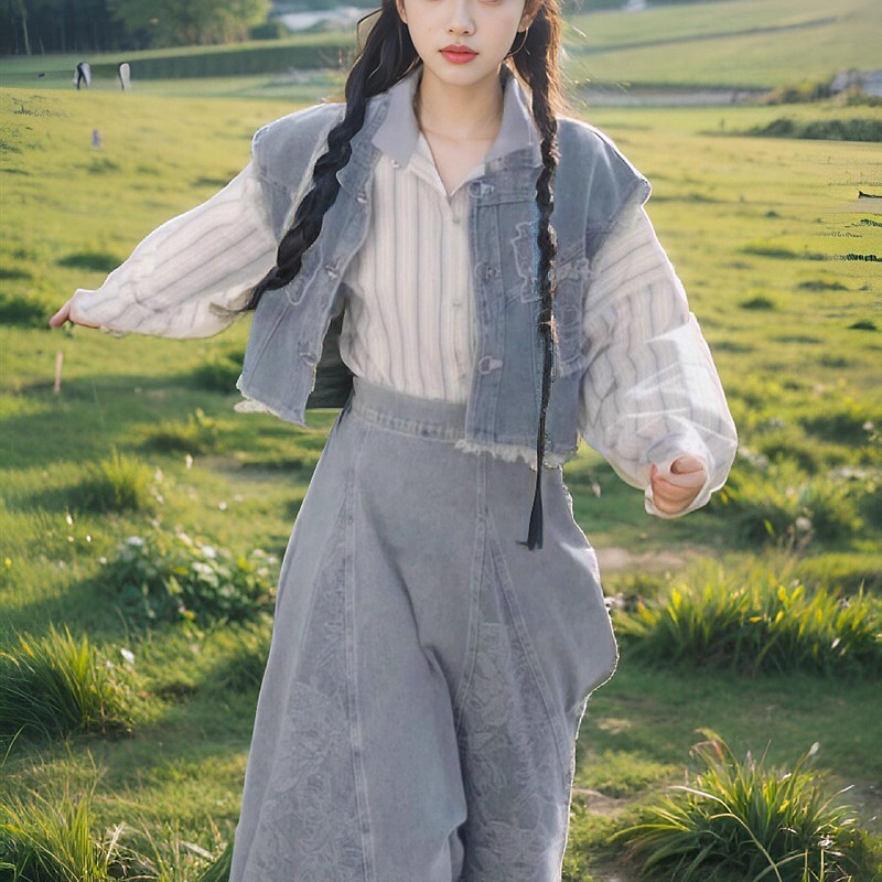 改良新中式套装女冬季小个子牛仔盘扣外套条纹衬衫配半身裙三件套