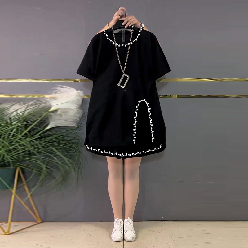 加肥钉珠边圆领短袖T恤衫短裤2024夏季新款显瘦休闲胖妹妹两件套