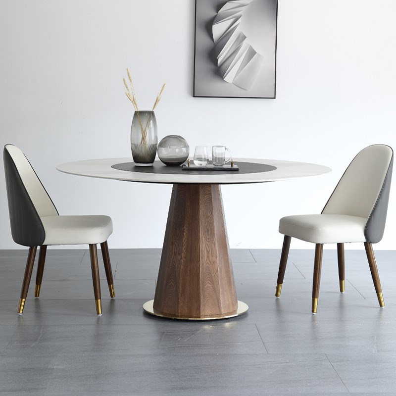 北欧岩板餐桌设计师内嵌式转盘实木圆桌椅小户型家用6人实木饭桌