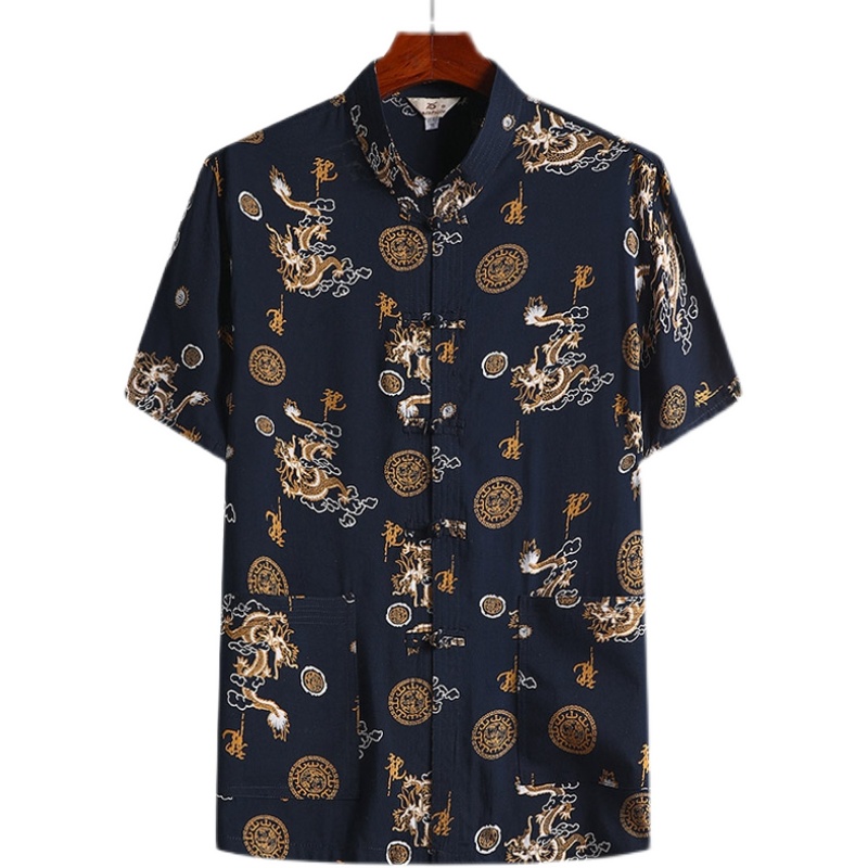 中国风夏季中老年人男士爸爸纯棉短袖唐装套装衬衫大码爷爷装汉服