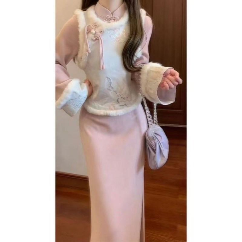 冬款新中式国风唐装优雅套装粉色立领加绒旗袍裙马甲叠穿两件套女